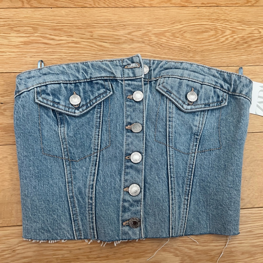 Zara Light Blue Denim Button-Up Crop Top